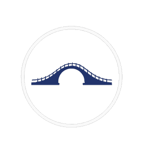 Logo of a blue arch bridge inside a white circle on a black background.